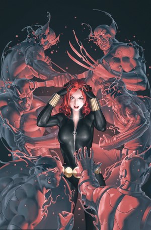 Black Widow surrounded by Marvel villains