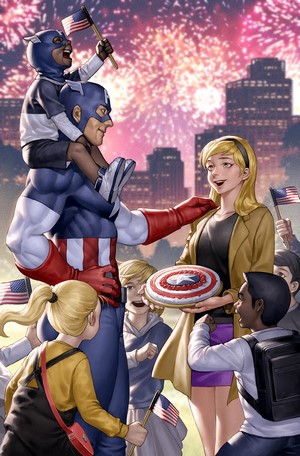 Captain America with children and fans in city