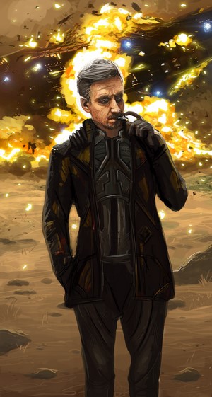 Commander smoking pipe in front of explosion in Elite: Dangerous