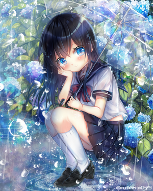 Anime girl in sailor uniform with umbrella in rain