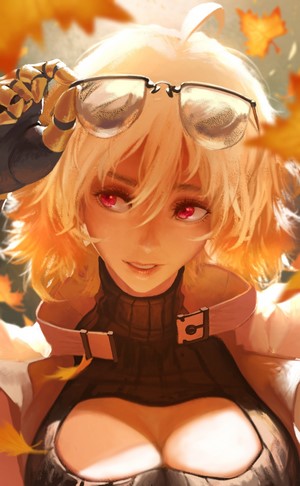 Woman with blonde hair, red eyes, and glasses