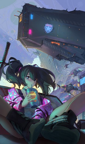 Anime girl with dark hair drinking from a cup in a futuristic city