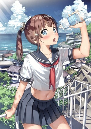 Anime girl in school uniform drinking water