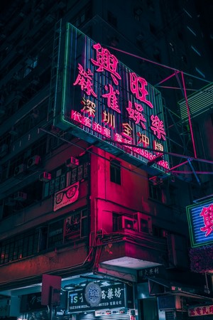 Neon signs on a building at night