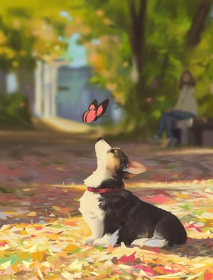 Corgi dog looking at a butterfly in a park