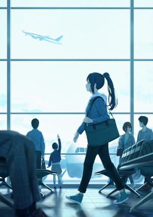 Anime girl with a bag at the airport looking at a plane