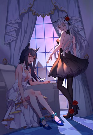 Two anime girls in dresses by a window