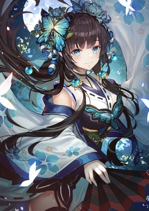 Anime girl with dark hair and blue eyes in a blue kimono