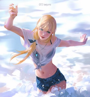 Anime girl with blonde hair in jean shorts and wet t-shirt