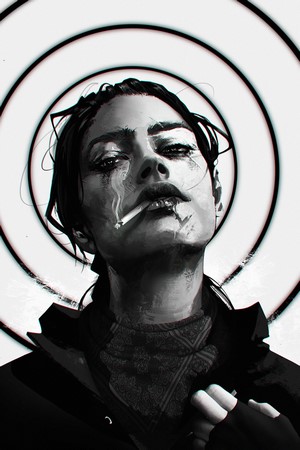 Woman smoking in front of concentric circles