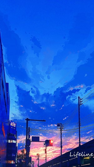 Anime city street with sunset sky and Lifeline text