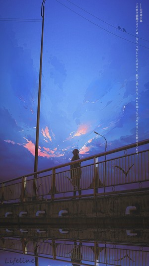 Anime girl on a bridge at sunset