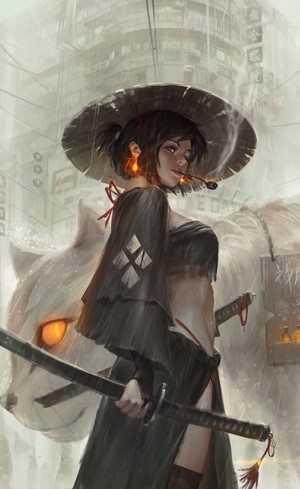 Anime girl with katana and fox spirit in rain