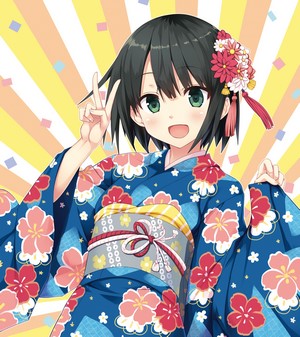 Anime girl in a blue yukata with flowers