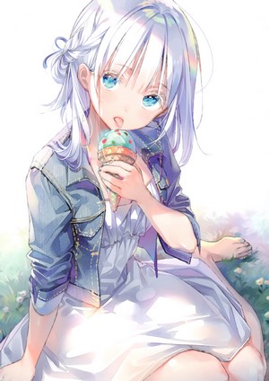 Anime girl with silver hair eating ice cream