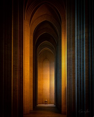 Hallway with candles in Grundtvigs Church, Copenhagen