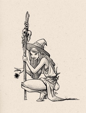 Witch with staff and skull, monochrome illustration
