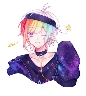 Anime boy with rainbow hair winks