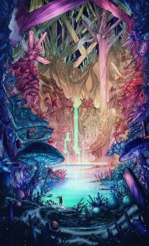 Fantasy cave with glowing mushrooms and crystals