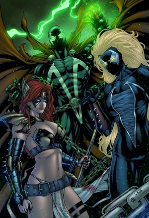 Spawn, Angela, and Maksim Strelkov with chains