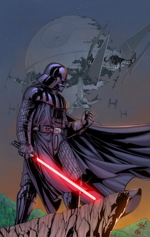 Darth Vader from Star Wars with Death Star and TIE Fighters