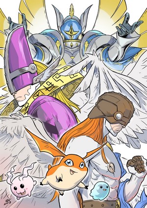 Digimon Adventure characters including Angemon and Patamon