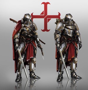 Two Templar Knights in Armor with Swords and Capes