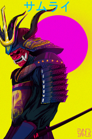 Samurai with Demon Mask and Katana