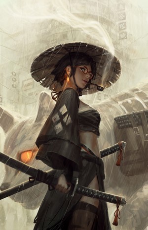 hat, women with glasses, sword, earring, thigh-highs, smoke, smoking pipe,  looking at viewer, smoking, warrior girls, low-angle, samurai, black  clothing, glowing, pipe, weapon, brunette, women with hats, fantasy art,  katana, short hair