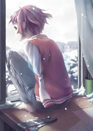 Rin Tezuka from Katawa Shoujo looking out window in snow