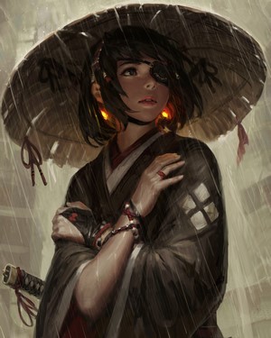 eyepatches, brunette, drawing, Japanese clothes, warrior girls, anime ...