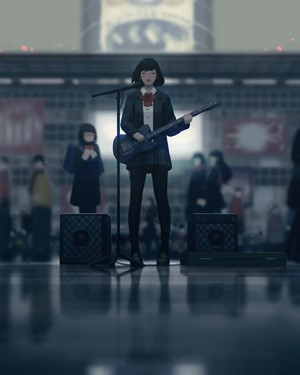 Anime schoolgirl playing electric guitar on stage