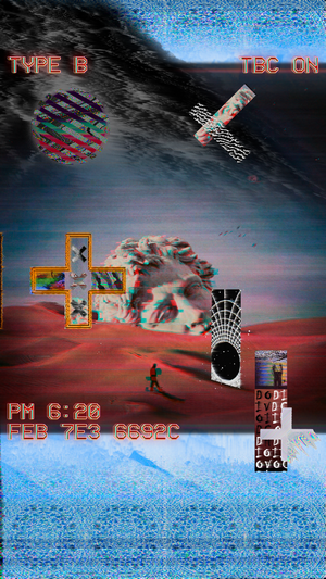 Glitch art desert with sculpture and portals