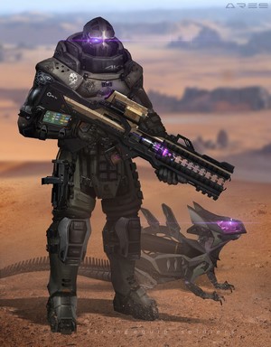 Cyberpunk warrior with rifle and robotic lizard in desert