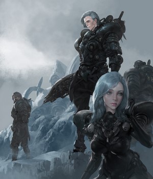 Futuristic soldiers in a desolate landscape