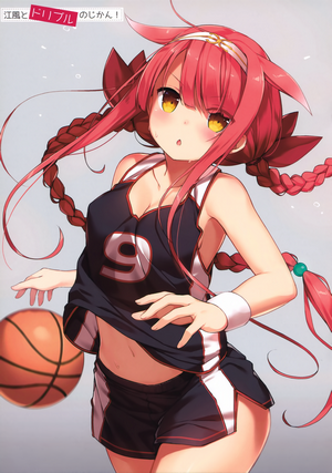 Anime girl with red hair playing basketball