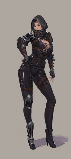 Female assassin in dark leather armor with hood