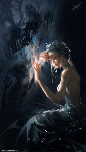 WLOP Anime Elf Girl with Ghostly Figures