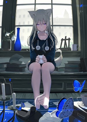 Anime girl with cat ears holding a mug