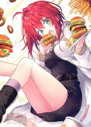 Anime girl with red hair eating hamburgers