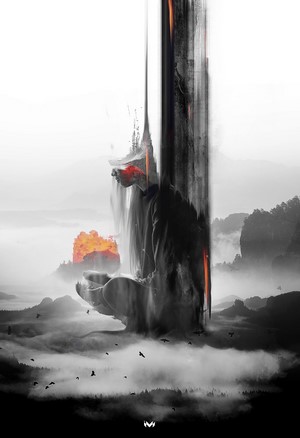 Digital art of a person with fiery elements