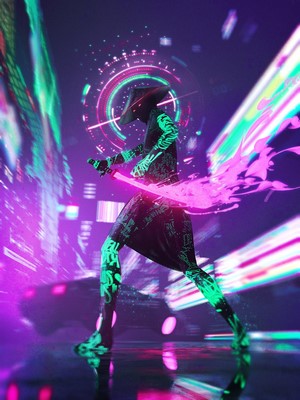 Cyberpunk samurai with glowing sword in neon city