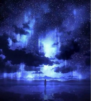 Girl under starry sky with blue aurora