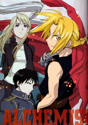 Full Metal Alchemist characters: Edward Elric, Riza Hawkeye, Roy Mustang
