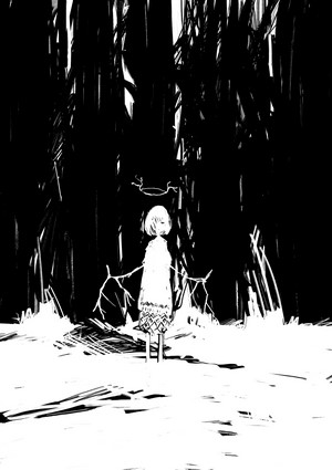 Girl with antlers in a dark forest