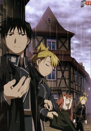 Roy Mustang and Riza Hawkeye from Fullmetal Alchemist in the rain