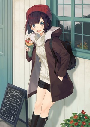 Anime girl in shorts and hat eating a crepe