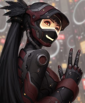 Cyberpunk anime girl with feathered hair accessory