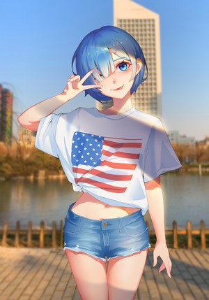 Rem from Re:Zero wearing an American flag t-shirt and denim shorts