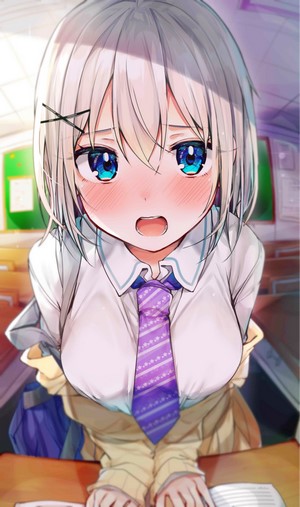 Anime girl with silver hair and blue eyes in a classroom